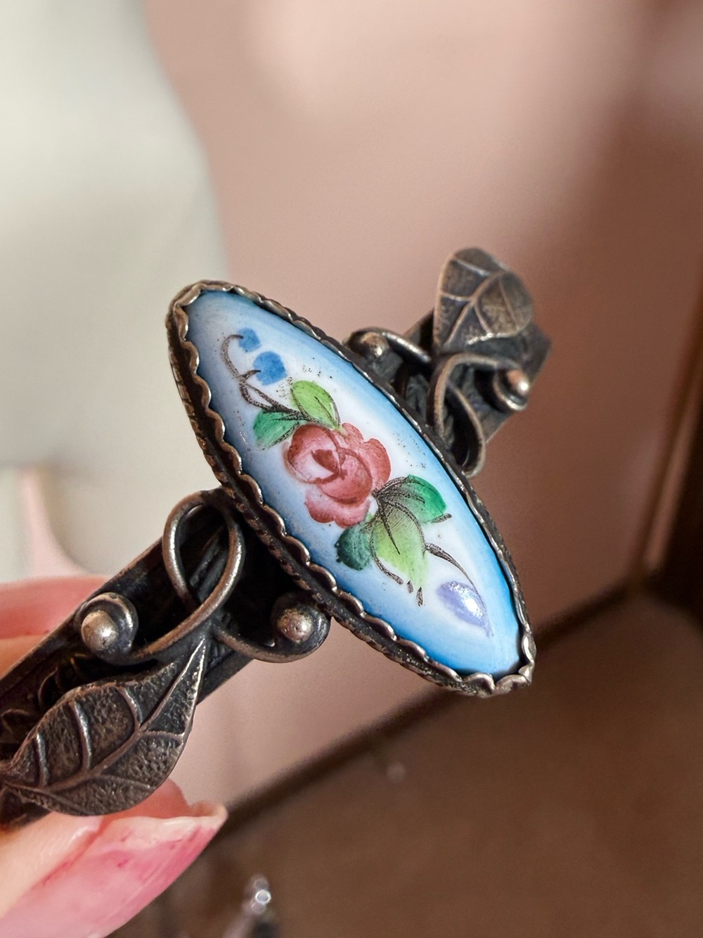 Vintage Russian Rostov Finift Hand Painted silver cuff bracelet Victorian Boho - Picture 12 of 16